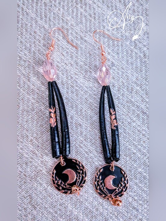 Native American Jewelry - Indigenous Black and Rose Gold Crescent Moon Drop Earrings
